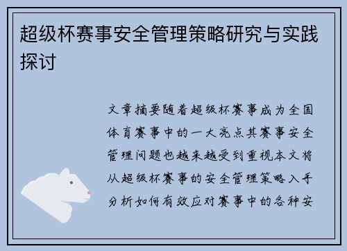 超级杯赛事安全管理策略研究与实践探讨